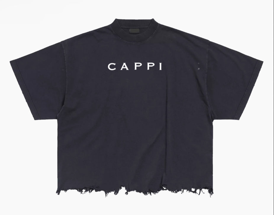 "Cappi" TRIPLE BLACK Distressed Short Sleeve